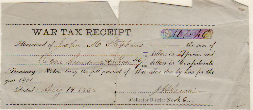 War Tax paid by John M. Stephen for $107.46