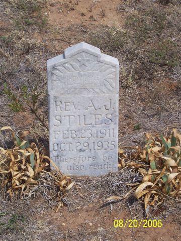 Tombstone of Rev. A. J. Stiles (1911-1935)