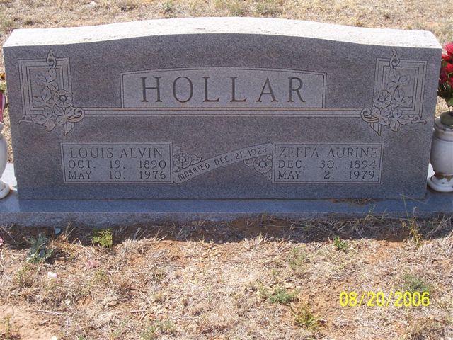 Tombstone of Louis Alvin Hollar (1890-1976) and Zeffa Aurine Hollar (1894-1979)