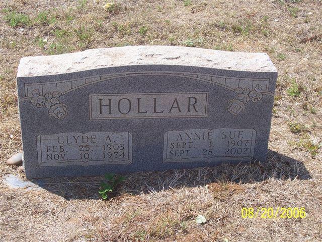 Tombstone of Clyde A. Hollar (1903-1974) and Annie Sue Hollar (1907-2002)