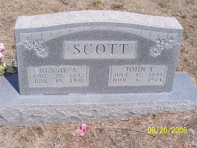 Tombstone of John T. Scott (1893-1974) and Bessie A. Scott (1892-1981)