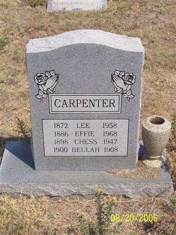 Tombstone of Lee Carpenter (1872-1958), Effie Carpenter (1886-1968), Chess Carpenter (1898-1947), and Beulah Carpenter (1900-1908)