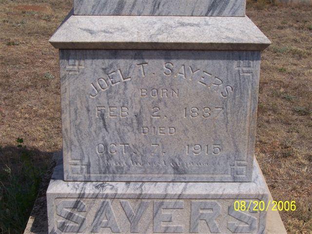 Tombstone of Joel T. Sayers (1837-1915)