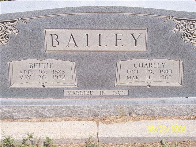 Tombstone of Charley Bailey (1880-1969) and Bettie Bailey (1884-1972)