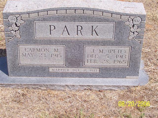 Tombstone of J. M. Park (1913-1965) and Carmon M. Park (1915-     )