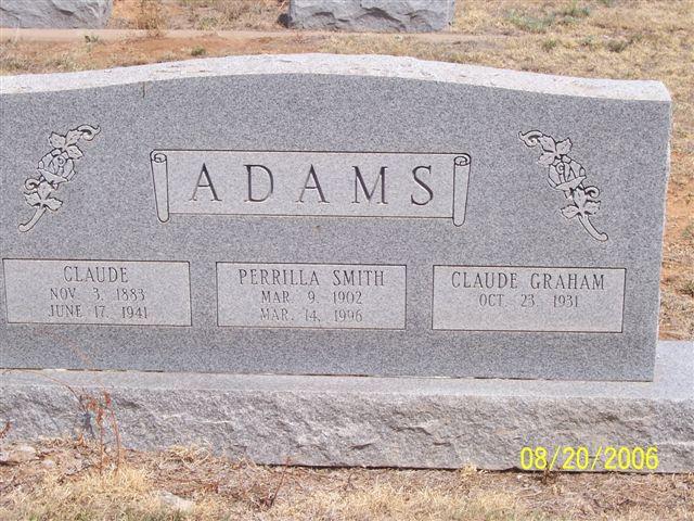 Tombstone of Claude Adams (1883-1941) and Perrilla Smith Adams (1902-1996)
